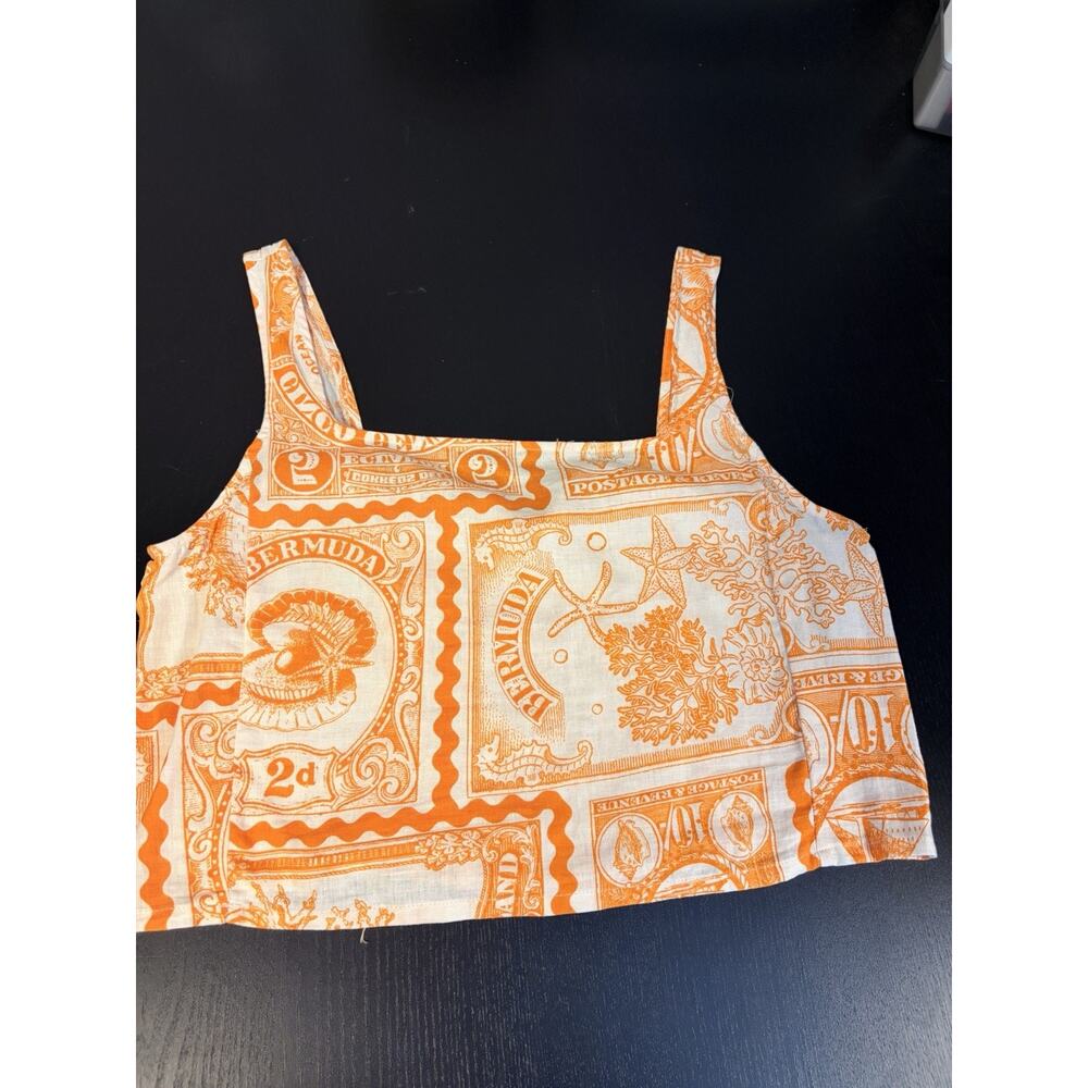 NWT Atelier Nicole Miller Linen Blend Crop Top L Orange Bermuda Stamp Coastal - Picture 2 of 8